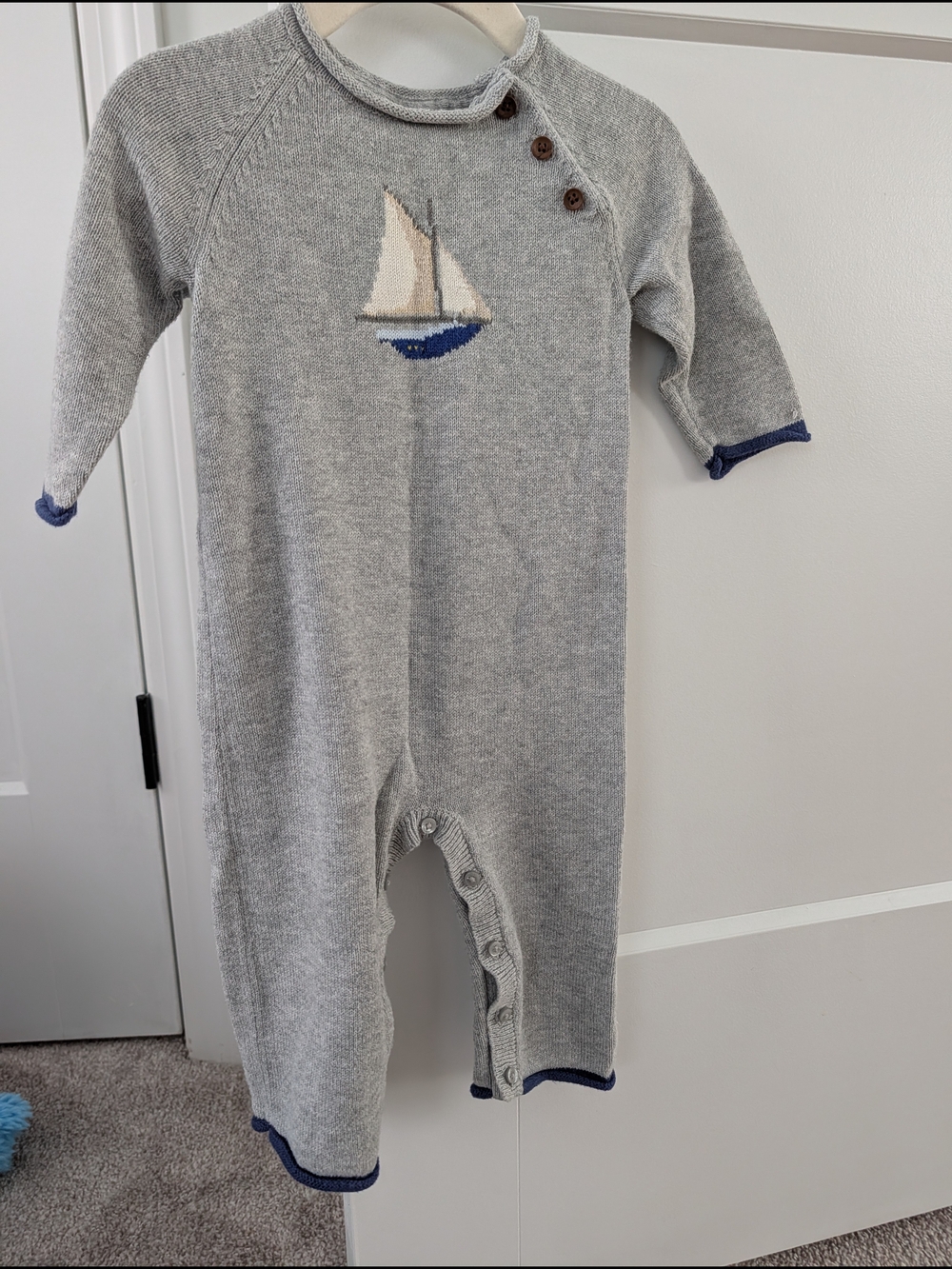 Janie and Jack Gray Knit Sailboat Footie with Navy Trim